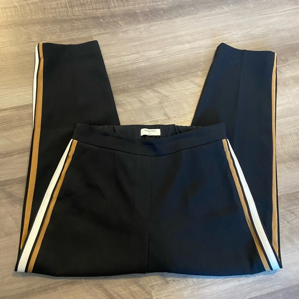 Aritzia Babaton Conan Mid Rise Cropped Striped Black Tan Elastic Pants Size 8 - Picture 3 of 8